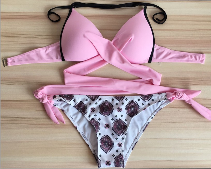 F4690-1Bikini Swimsuit Push Up Swimwear Criss Cross Bandage Halter 3 Color Style